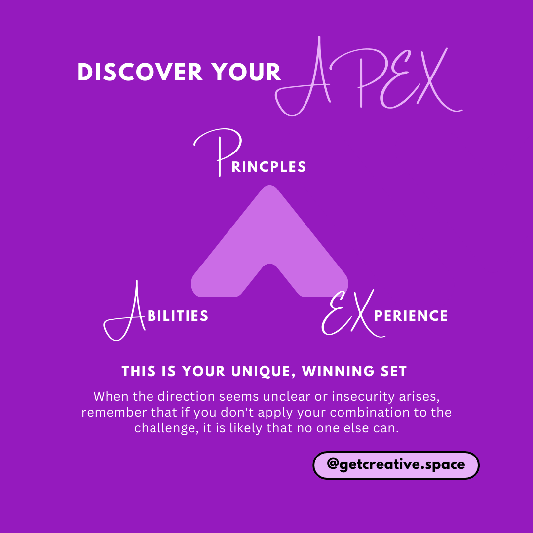 Discover Your APEX Abilities, Principles, and EXperience This is your unique, winning set. When the direction seems unclear or insecurity arises, remember that if you don't apply your combination to the challenge, maybe no one else can.