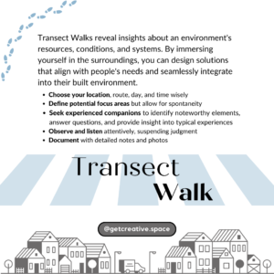 Transect Walks reveal insights about an environment's resources, conditions, and systems. By immersing yourself in the surroundings, you can design solutions that align with people's needs and seamlessly integrate into their built environment. - Choose your location, route, day, and time wisely - Define potential focus areas but allow for spontaneity - Seek experienced companions to identify noteworthy elements, answer questions, and provide insight into typical experiences - Observe and listen attentively, suspending judgment - Document with detailed notes and photos